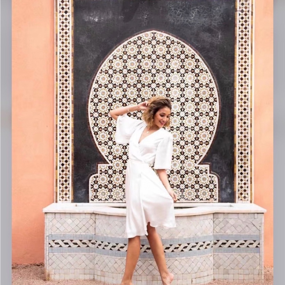 Noire Satin Ivory Wrap Midi Dress